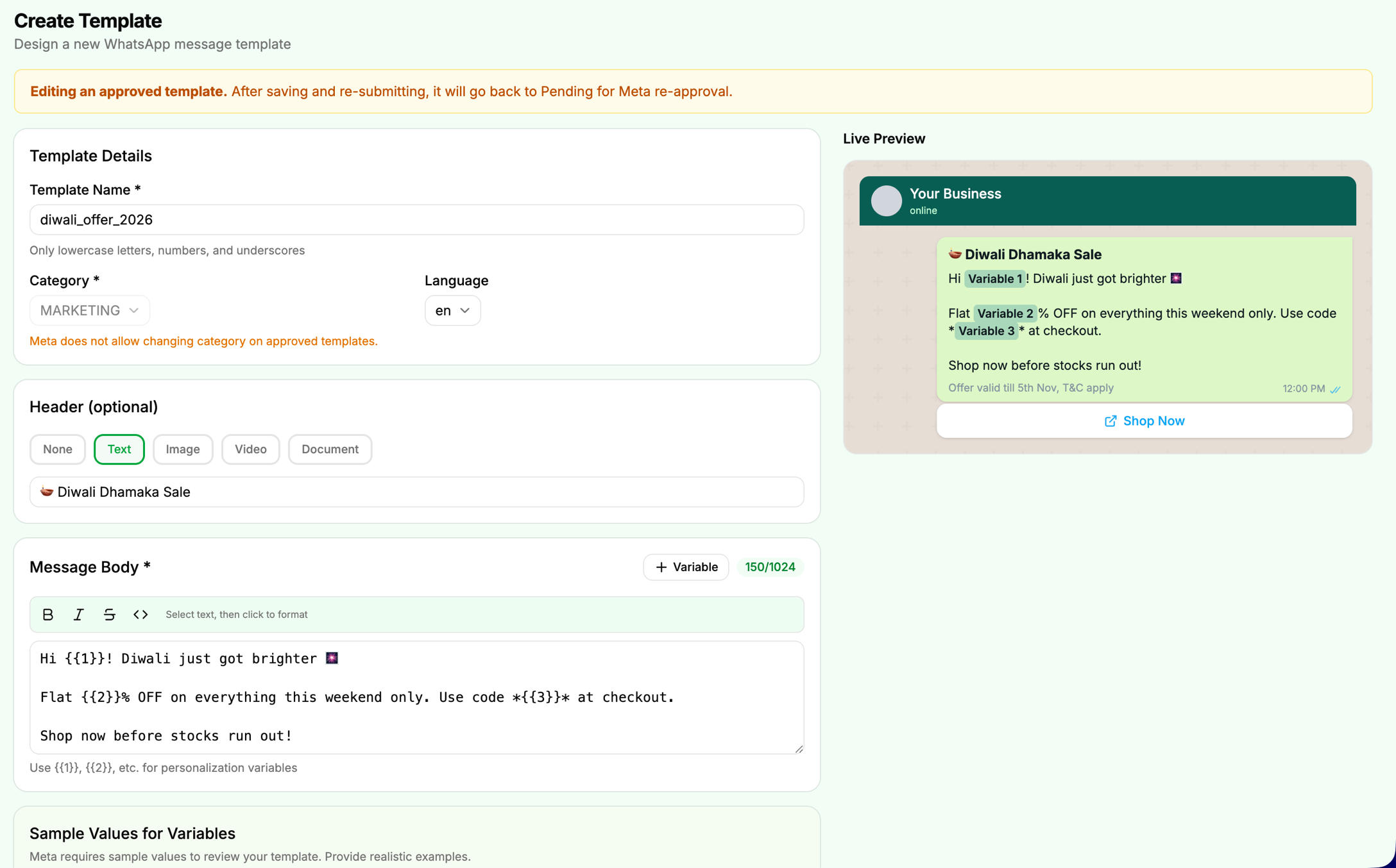 PayPerWA template builder with live WhatsApp preview on the right side
